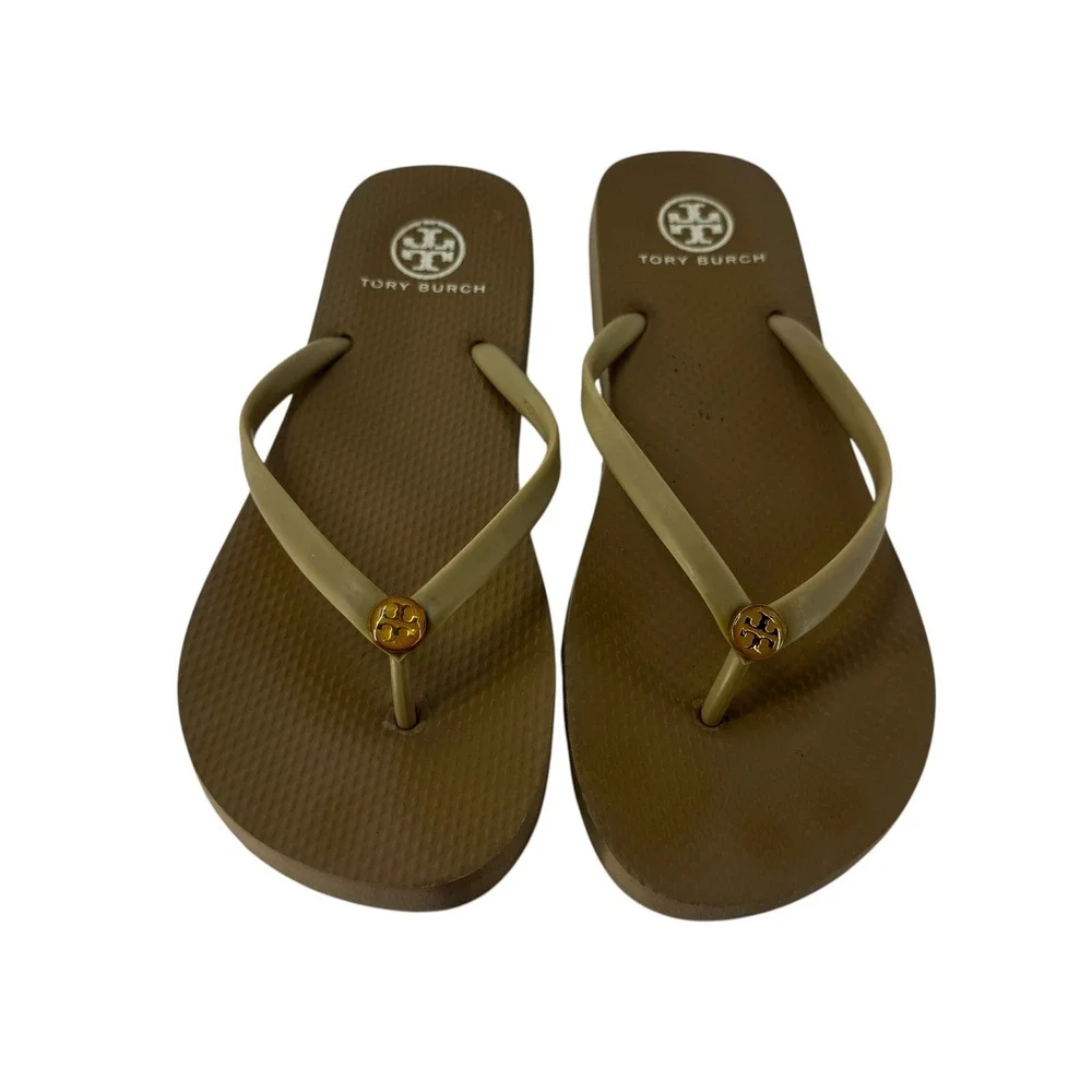 Tory Burch Women Brown Olive Rubber Flip Flop Sandals Gold Logo Medallion Flat